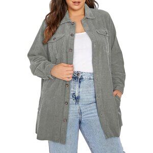 Womens Gray Plus Size Plaid Shacket Long Sleeve Button Down Casual Jacket